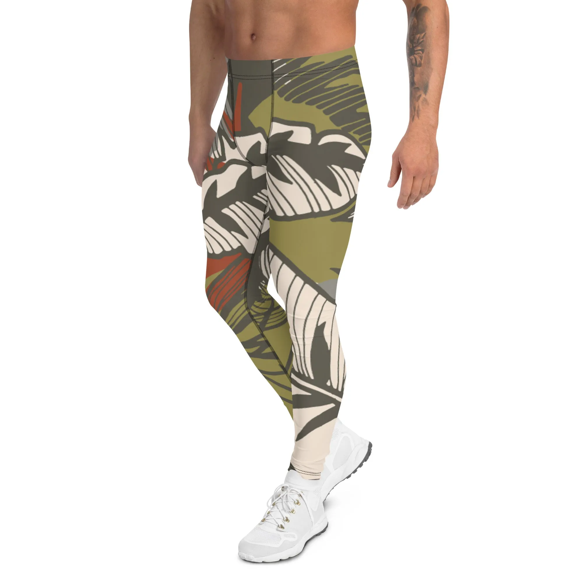 Green Tropical Leaves Meggings, Best Men's Leggings, Tropical Leaves Print Designer Running Compression Tights For Men - Made in USA/EU/MX