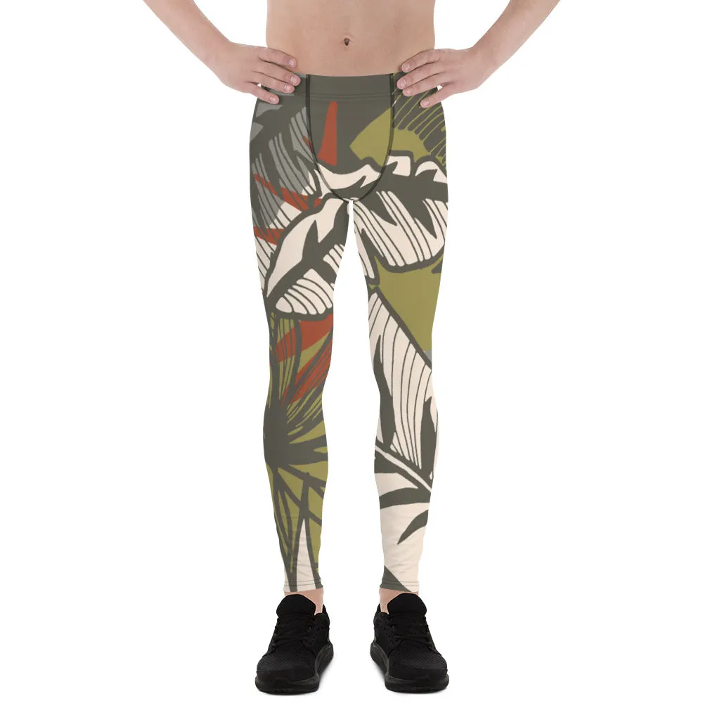 Green Tropical Leaves Meggings, Best Men's Leggings, Tropical Leaves Print Designer Running Compression Tights For Men - Made in USA/EU/MX