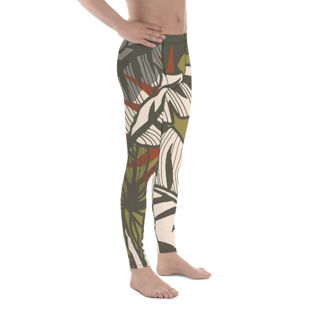 Green Tropical Leaves Meggings, Best Men's Leggings, Tropical Leaves Print Designer Running Compression Tights For Men - Made in USA/EU/MX