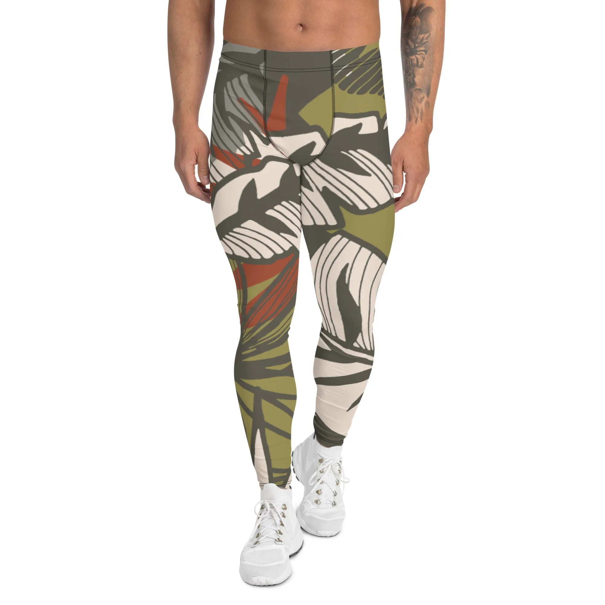 Green Tropical Leaves Meggings, Best Men's Leggings, Tropical Leaves Print Designer Running Compression Tights For Men - Made in USA/EU/MX