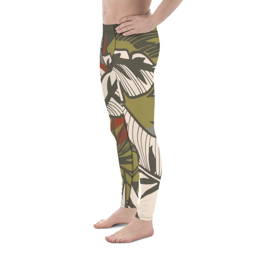 Green Tropical Leaves Meggings, Best Men's Leggings, Tropical Leaves Print Designer Running Compression Tights For Men - Made in USA/EU/MX