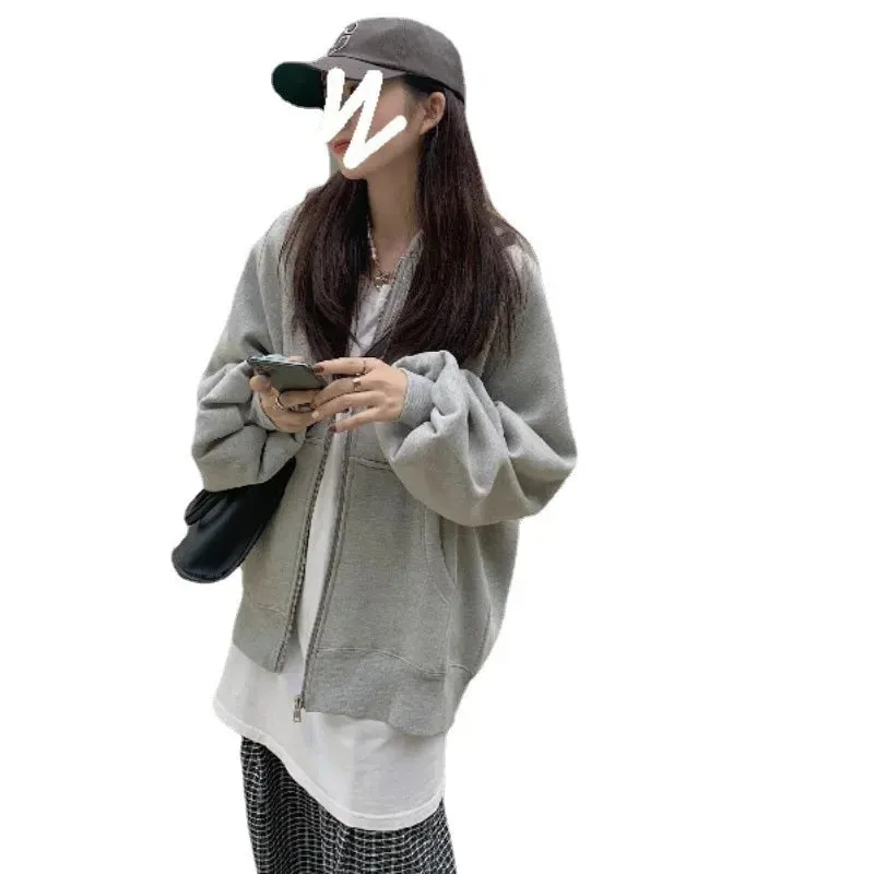 Grey Idle Hooded Sweatshirt Jacket For Women Loose Fit Fleece Lined Long Sleeve Casual Top Trendy Autumn New Design Sensibility