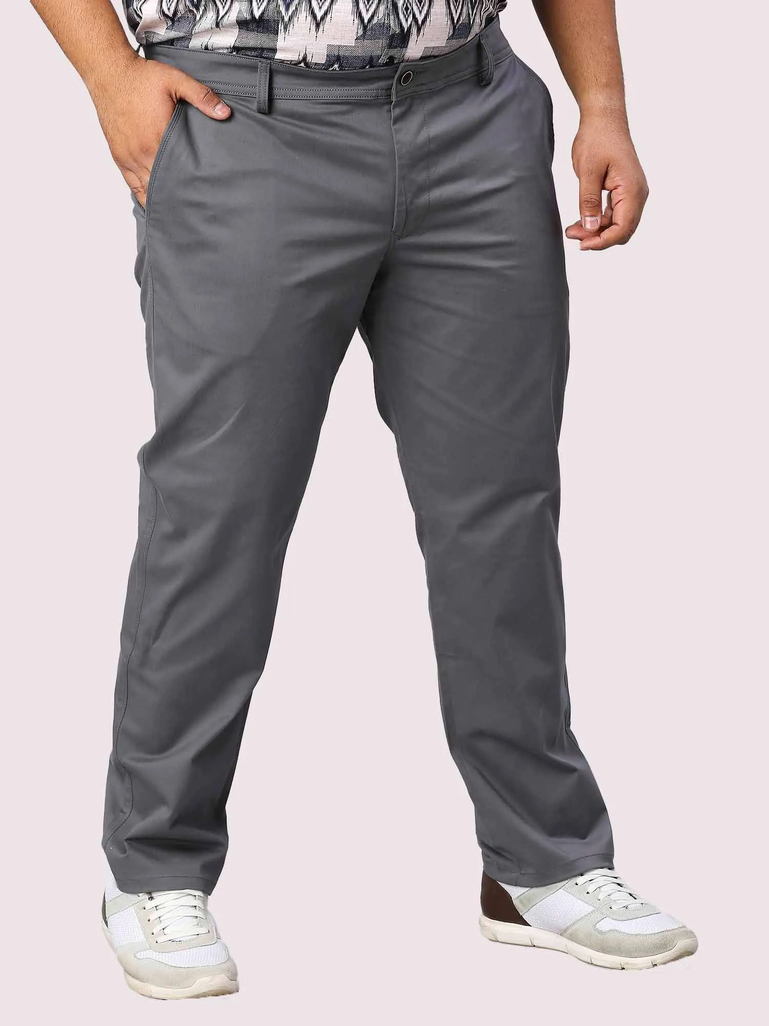 Grey Solid Cotton Trouser Men's Plus Size