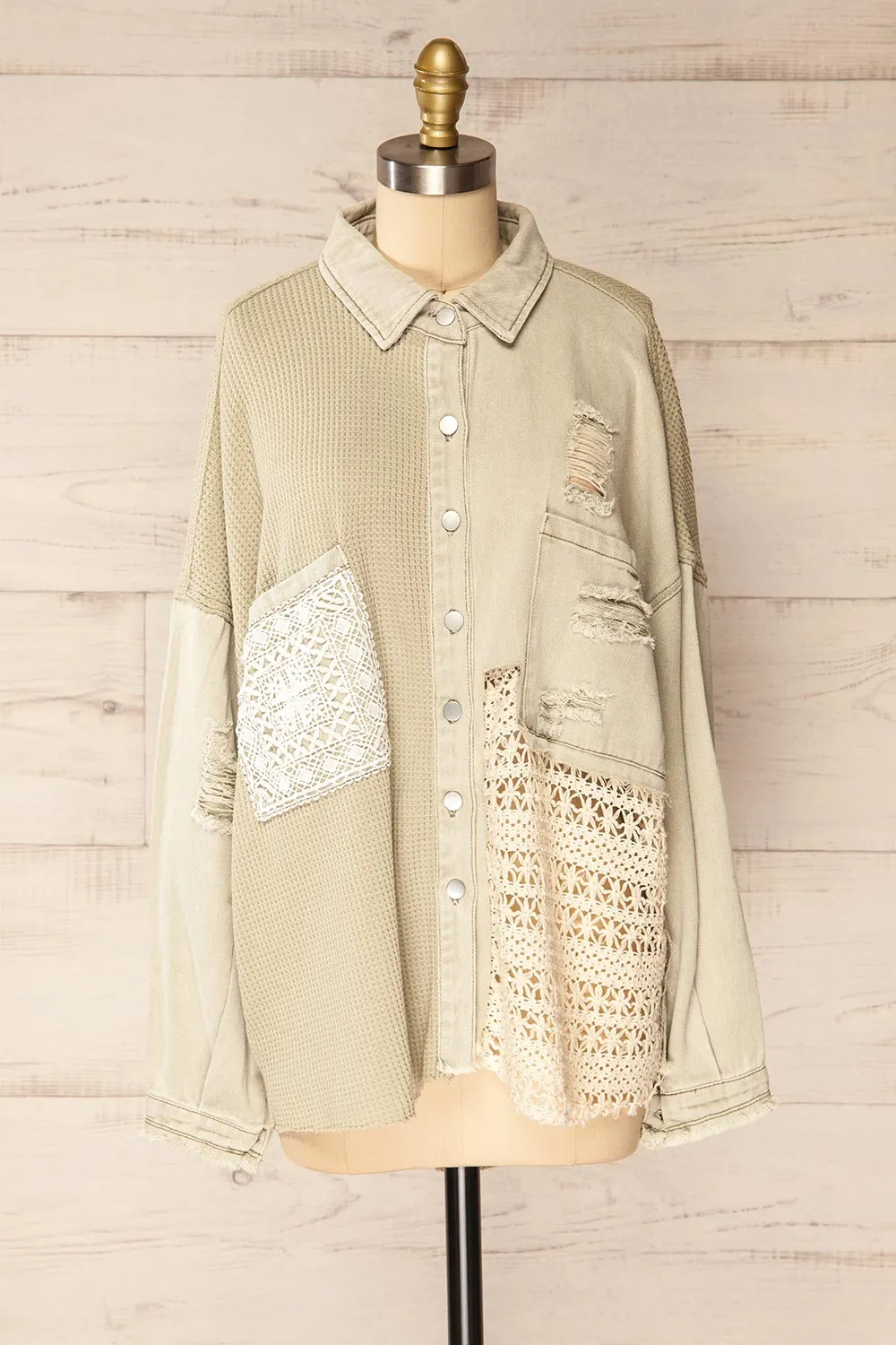 Hamburg Sage | Distressed Lace Patchwork Shacket