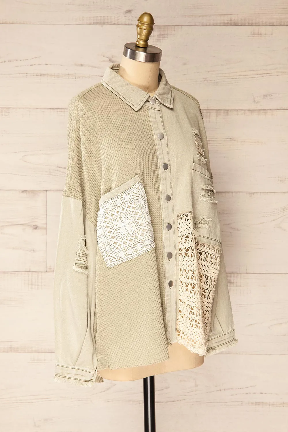 Hamburg Sage | Distressed Lace Patchwork Shacket