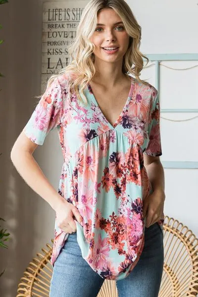 Heimish Floral V-Neck Short Sleeve Babydoll Blouse