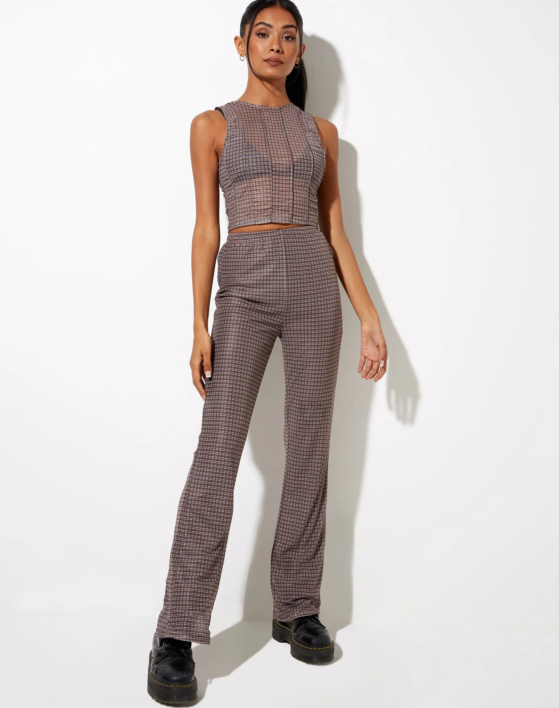 Herly Flare Trouser with Lining in Mini Check Chocolate