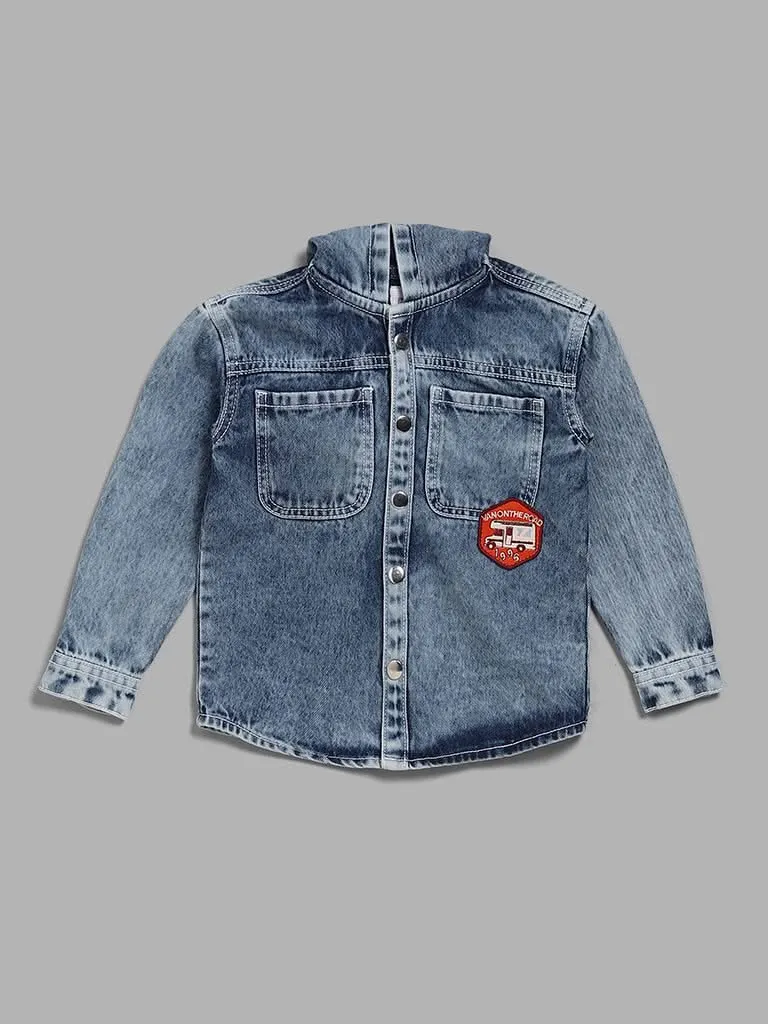 HOP Kids by Blue Mid Wash Embroidered Denim Hoodie Jacket