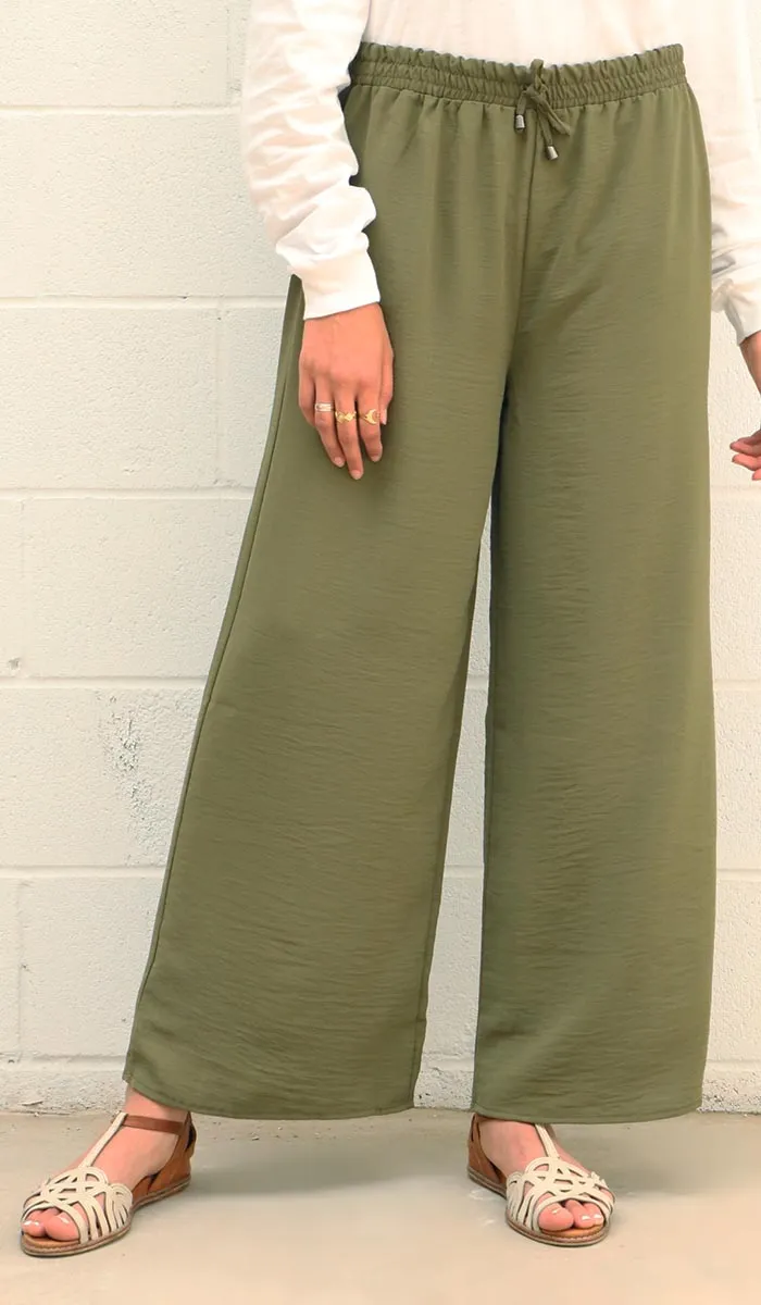 Inaya Loose and Flowy Stretch Wide Leg Pants - Olive - Final Sale