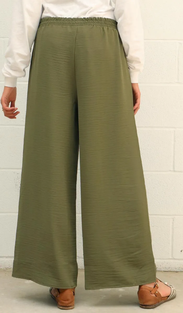 Inaya Loose and Flowy Stretch Wide Leg Pants - Olive - Final Sale