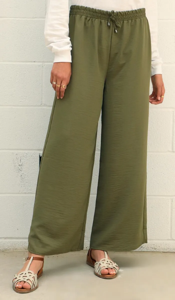 Inaya Loose and Flowy Stretch Wide Leg Pants - Olive - Final Sale