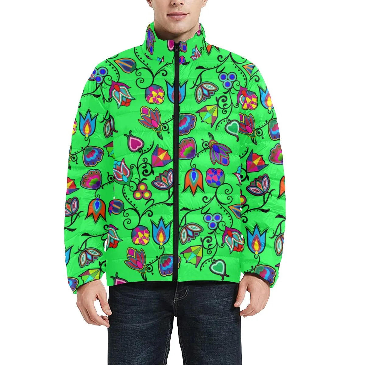 Indigenous Paisley Green Men's Stand Collar Padded Jacket