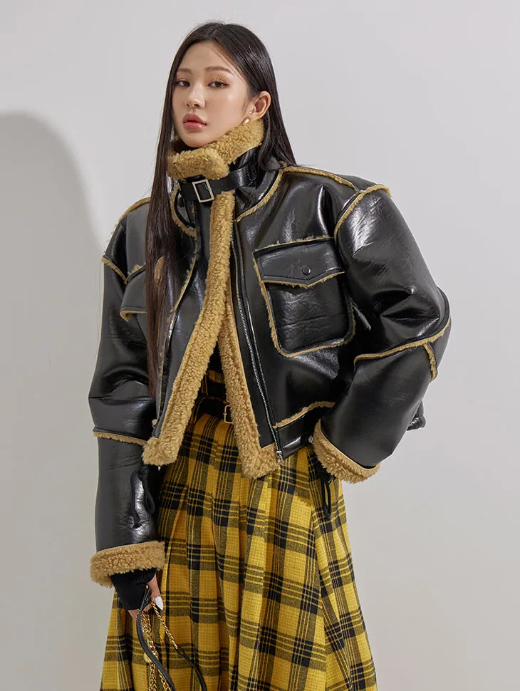 J1751 Leather Color Contrasting Shearling Jacket