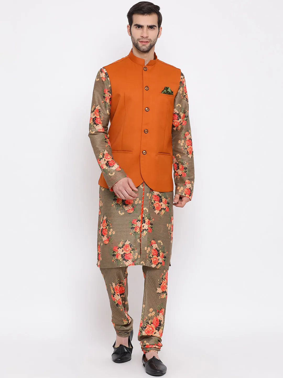 Jashvi Men's Orange Twill Jacket, Printed Kurta and Pyjama Set