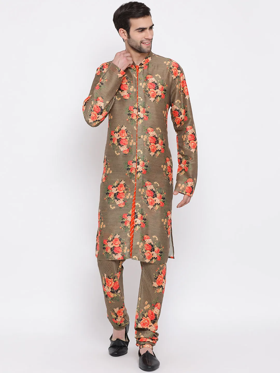 Jashvi Men's Orange Twill Jacket, Printed Kurta and Pyjama Set