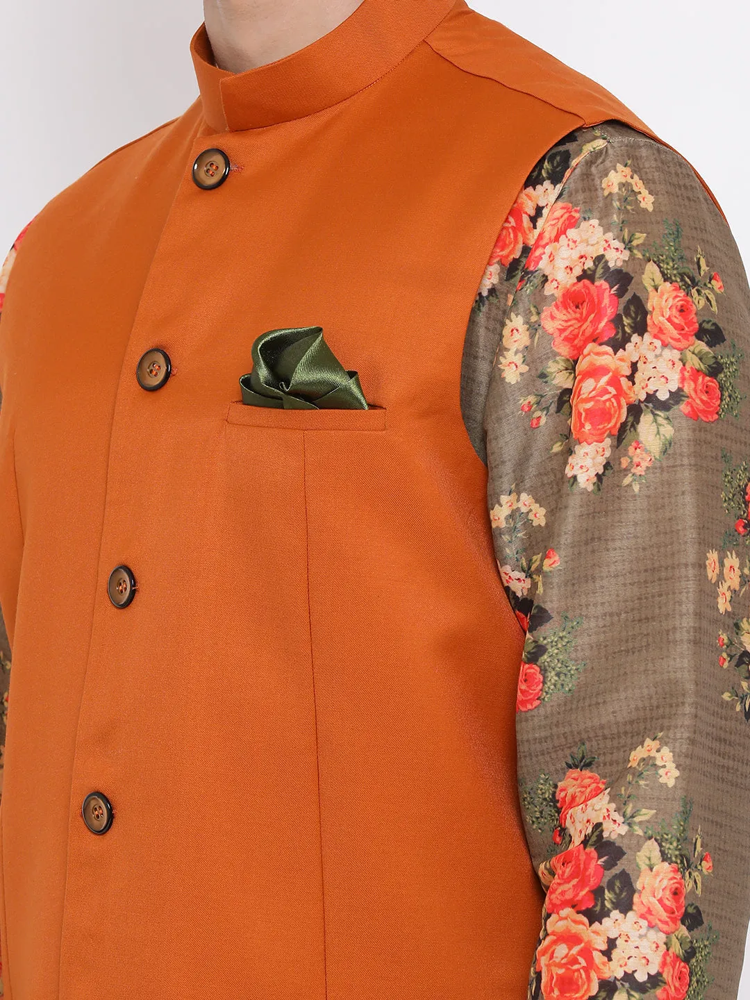 Jashvi Men's Orange Twill Jacket, Printed Kurta and Pyjama Set