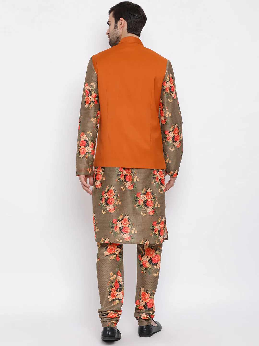 Jashvi Men's Orange Twill Jacket, Printed Kurta and Pyjama Set