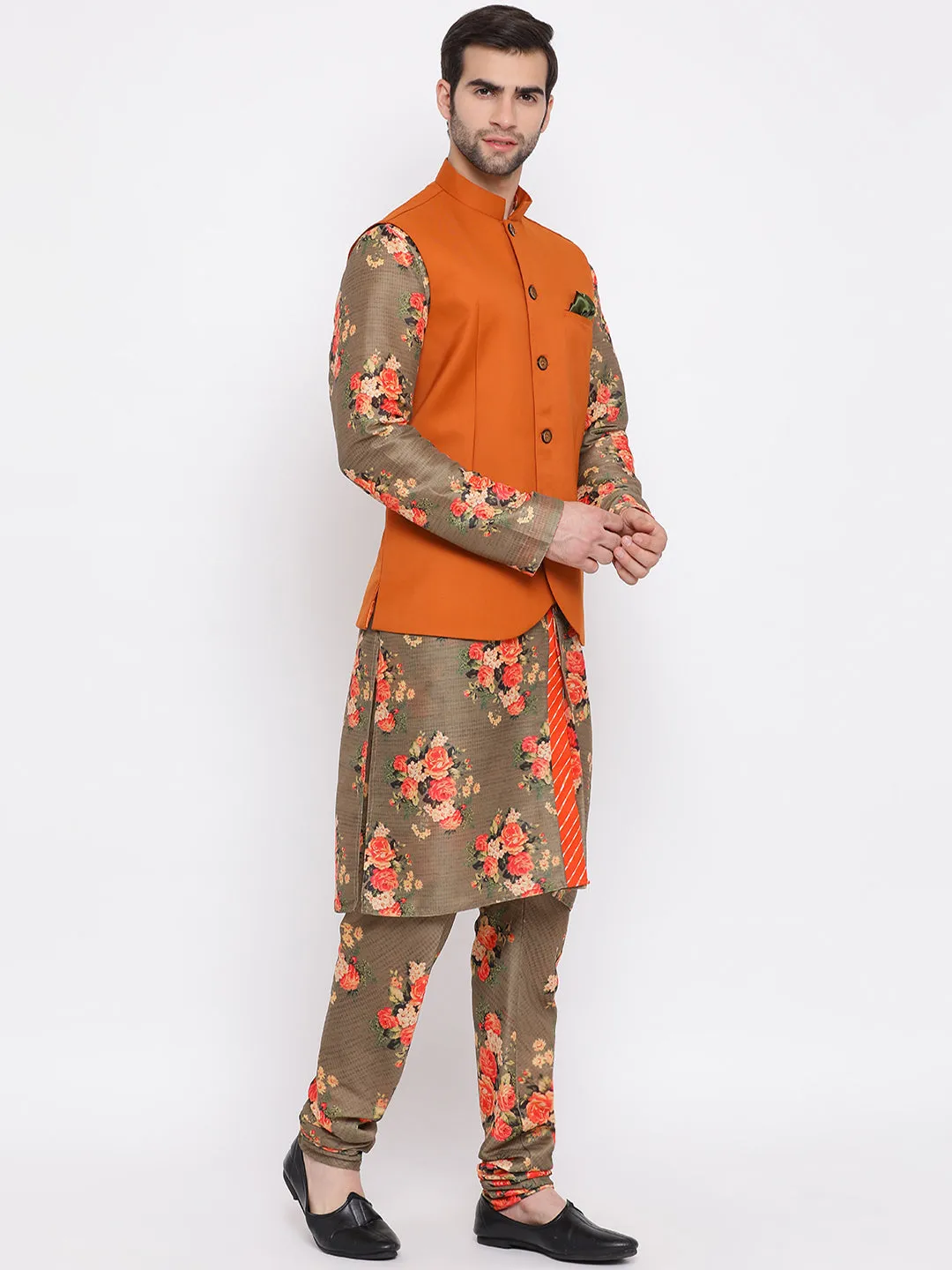 Jashvi Men's Orange Twill Jacket, Printed Kurta and Pyjama Set