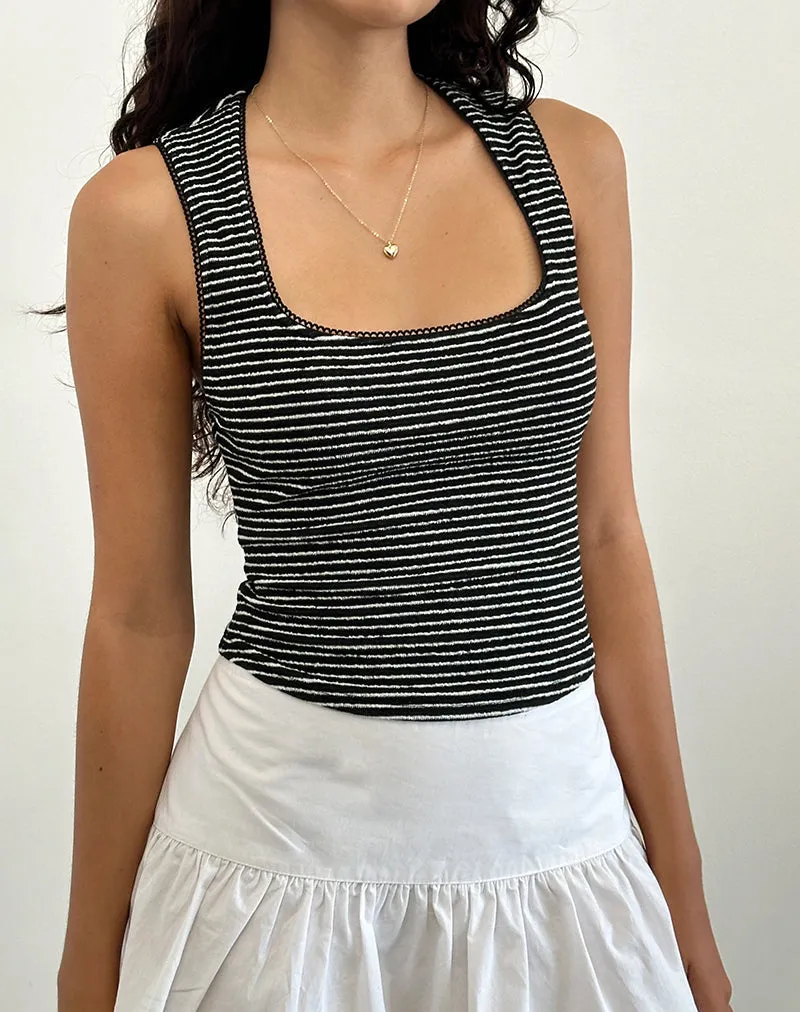 Jinsu Top in Black and White Stripe with Picot Trim