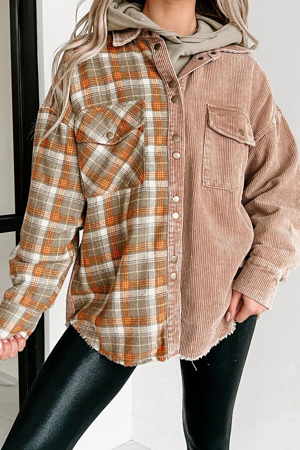 Khaki Plaid Corduroy Patchwork Snap Button Shacket