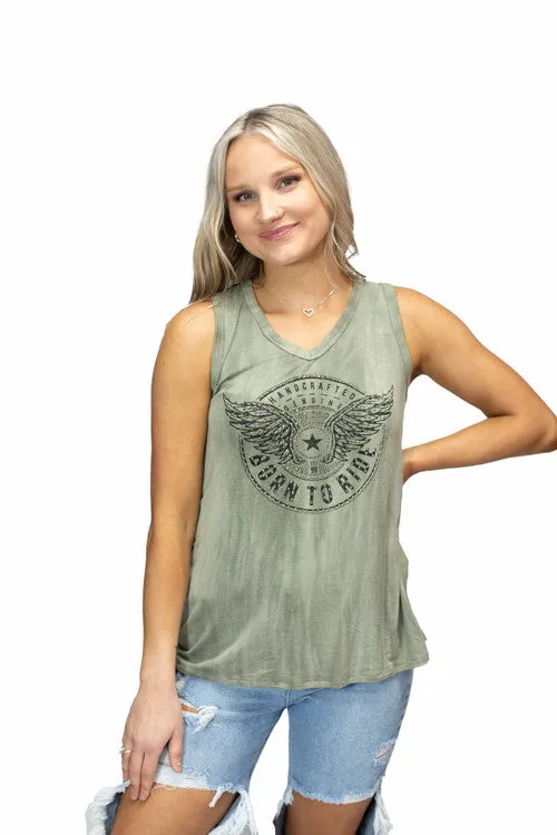 Ladies Tank Top with Stars and Wing Detail 7552 Olive Color