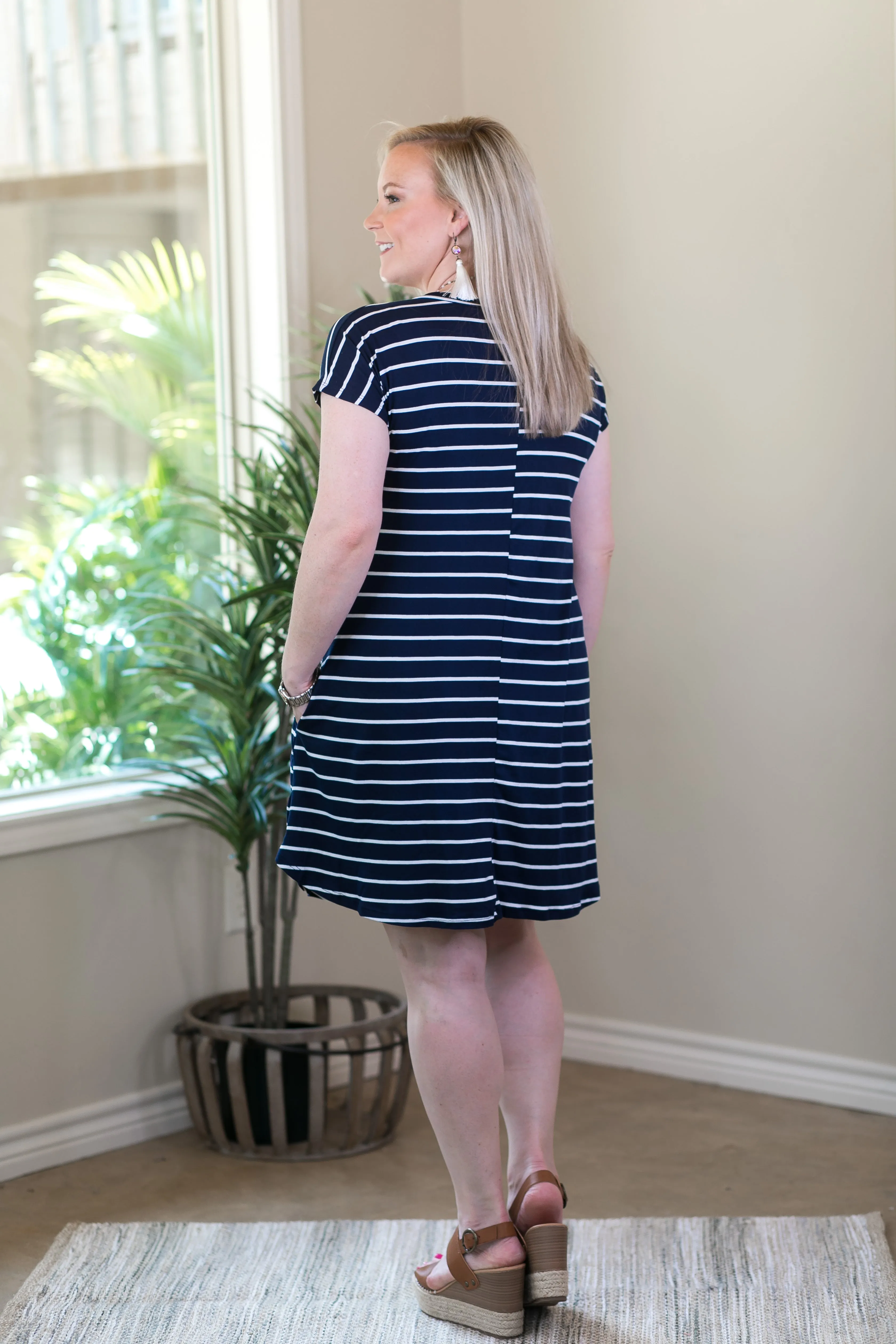 Last Chance Size Small | Beyond Reason Stripe Tee Shirt Dress in Navy Blue