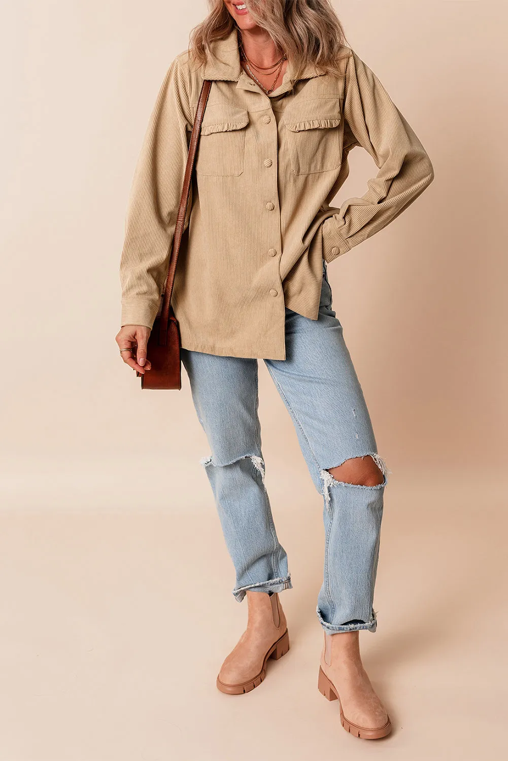 Light French Beige Corduroy Frilled Flap Pocket Button Up Shacket