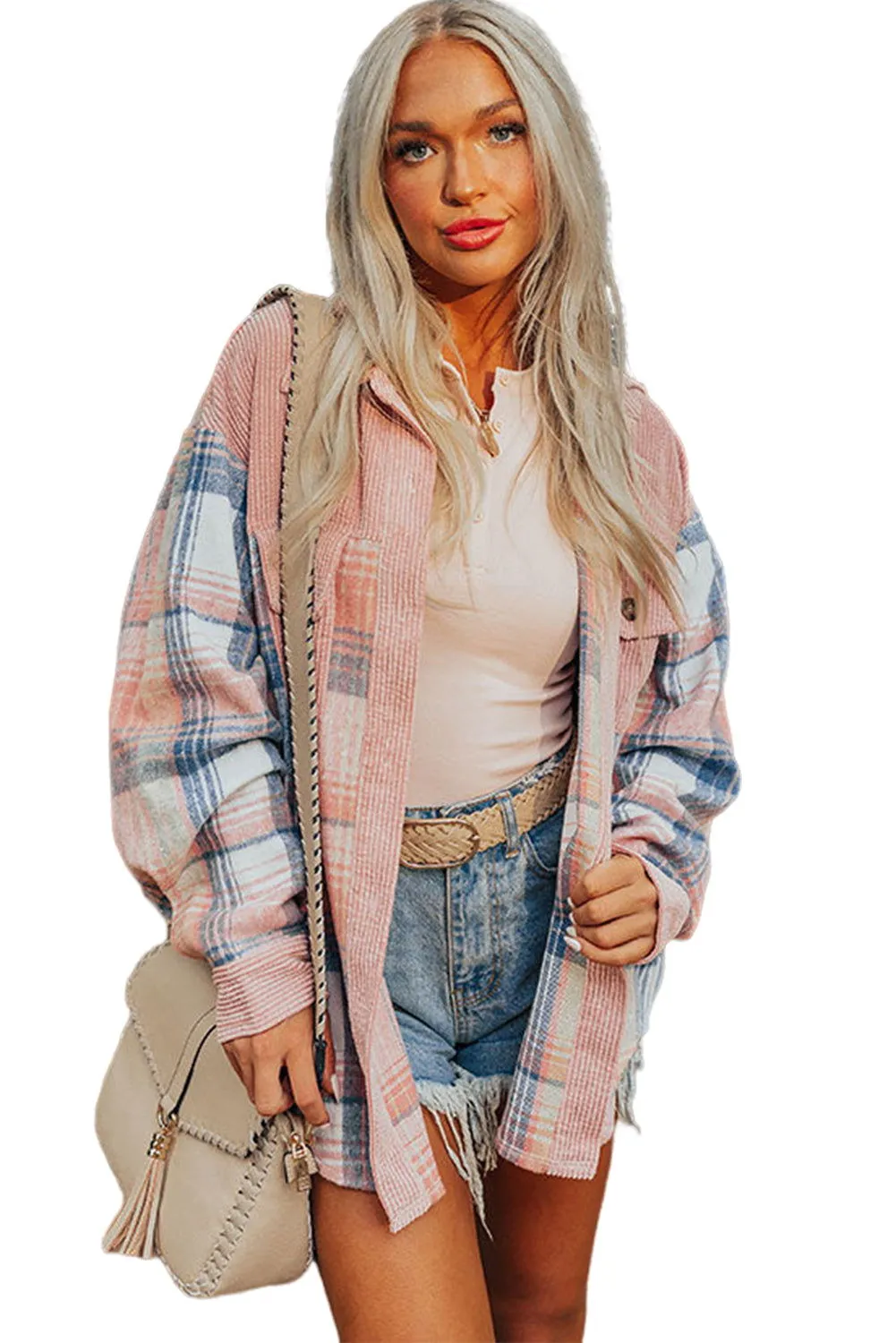 Light Pink Plaid Corduroy Patchwork Pocket Loose Shacket