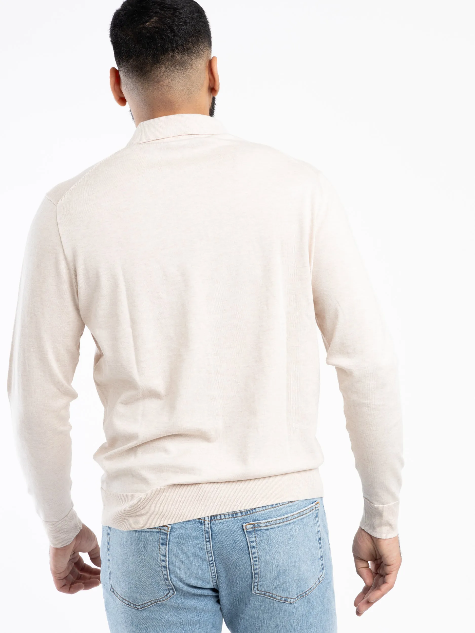 Light Sand Cotton Polo-Collar Sweater