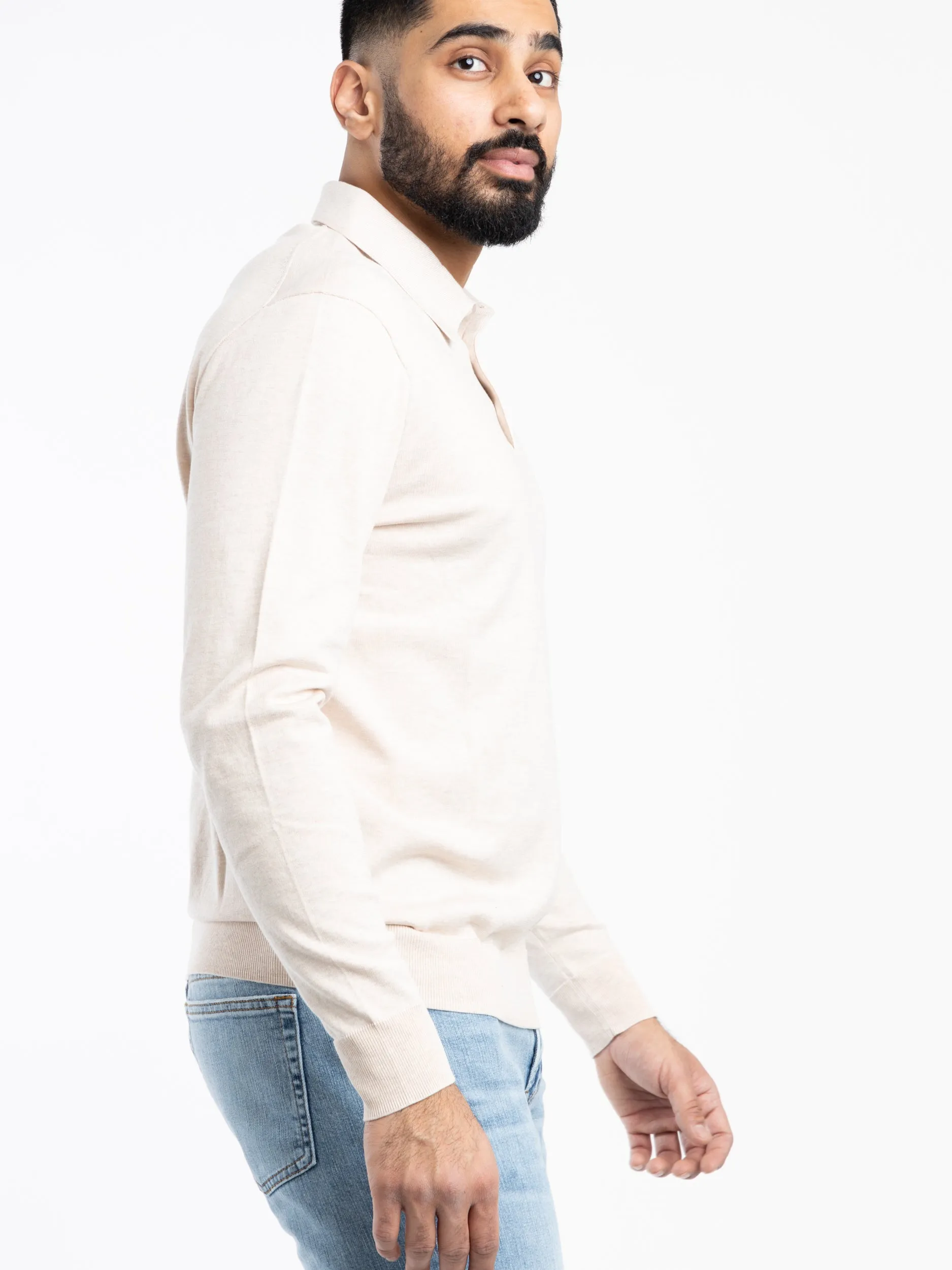 Light Sand Cotton Polo-Collar Sweater