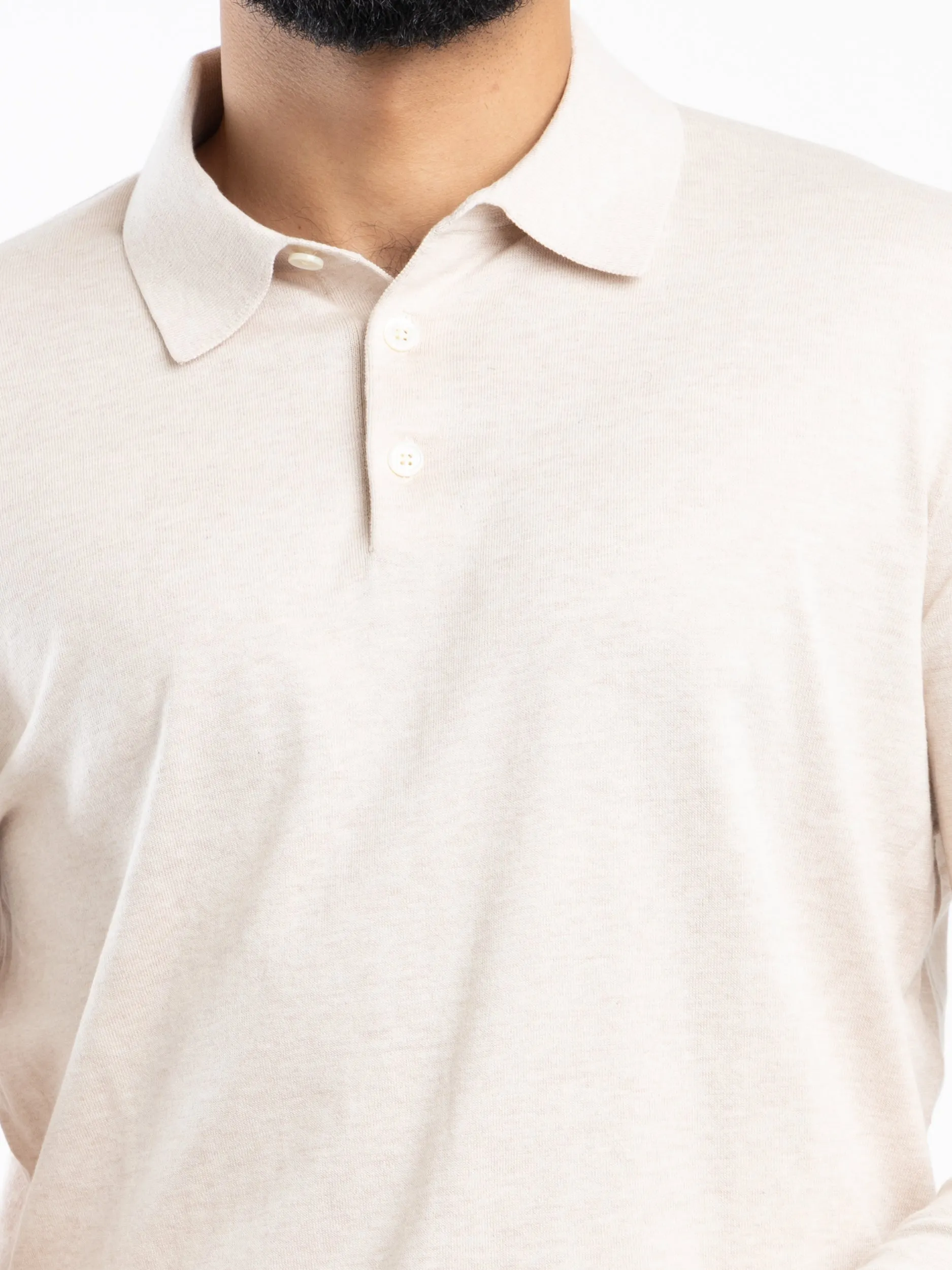 Light Sand Cotton Polo-Collar Sweater