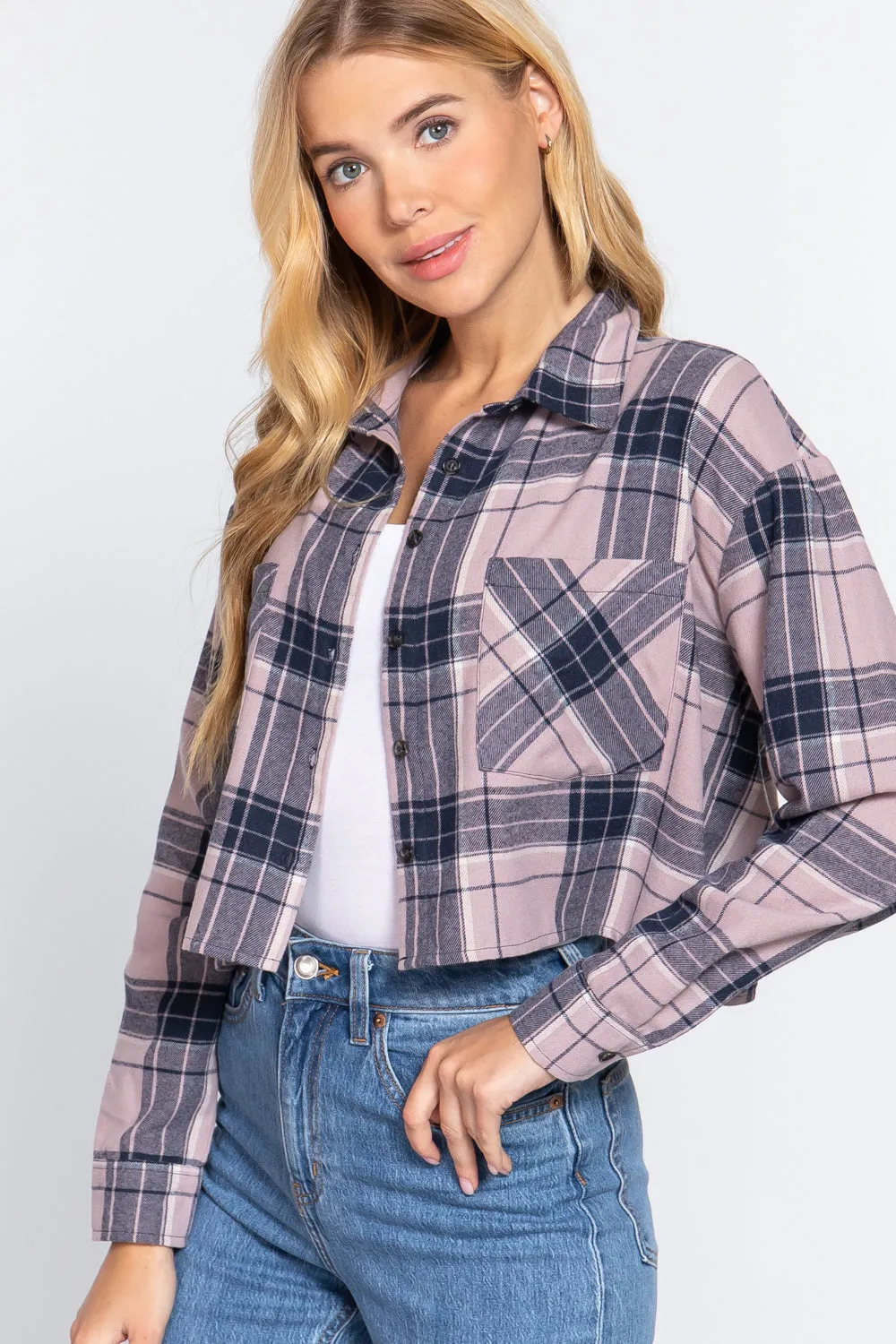 Long Slv Plaid Jacquard Crop Shirt