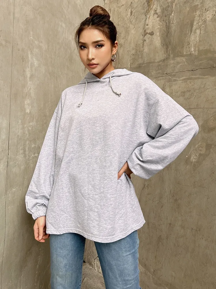 Loose Sweatshirt For Women Hooded Collar Long Sleeve Solid Minimalist Sweatshirts Female Autumn Clothing Style