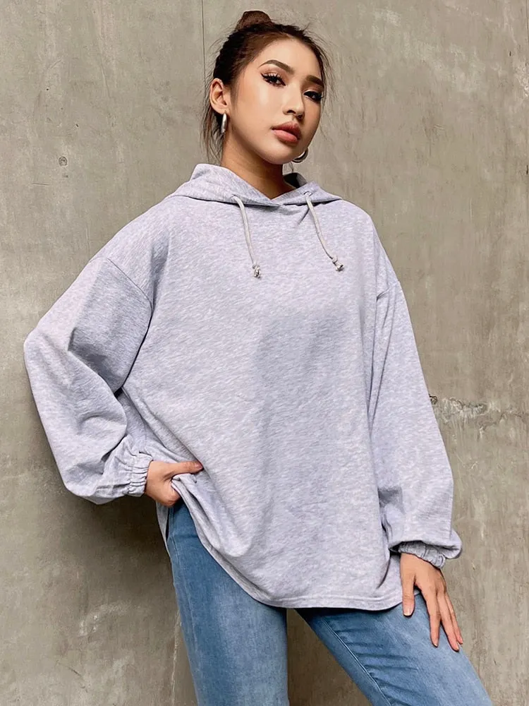 Loose Sweatshirt For Women Hooded Collar Long Sleeve Solid Minimalist Sweatshirts Female Autumn Clothing Style