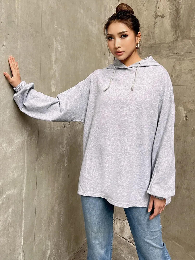 Loose Sweatshirt For Women Hooded Collar Long Sleeve Solid Minimalist Sweatshirts Female Autumn Clothing Style