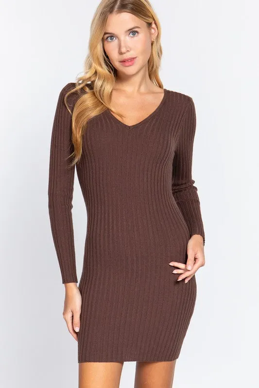 LUCY LONG SLV V-NECK SWEATER MINI DRESS