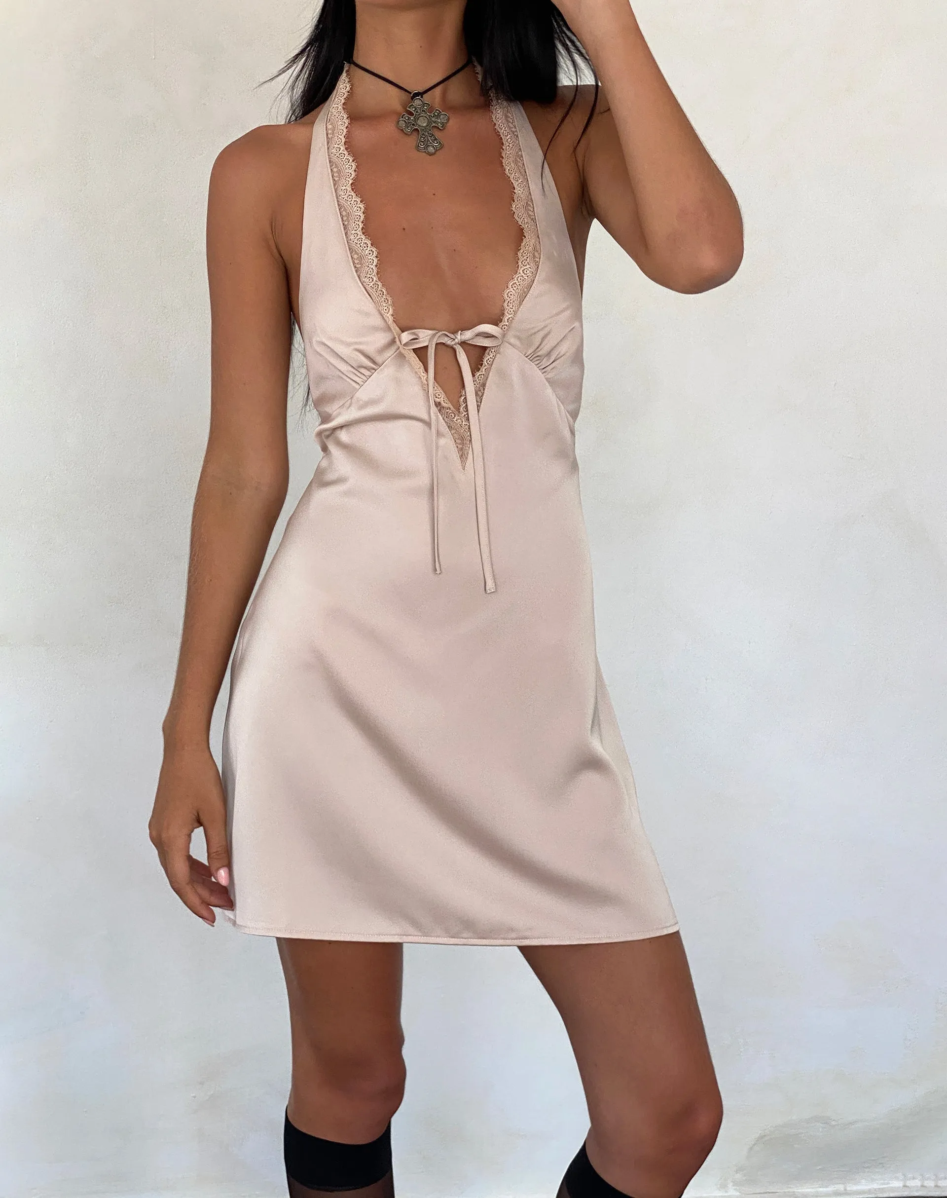 Maruko Halterneck Mini Dress in Satin Champagne