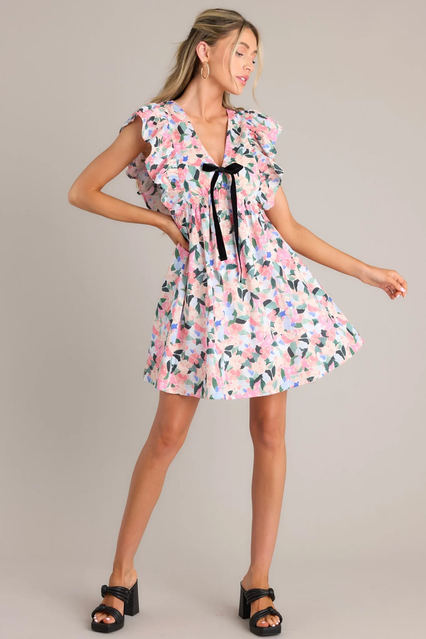 Meadow Dreams Pink Multi Floral Flutter Sleeve Mini Dress