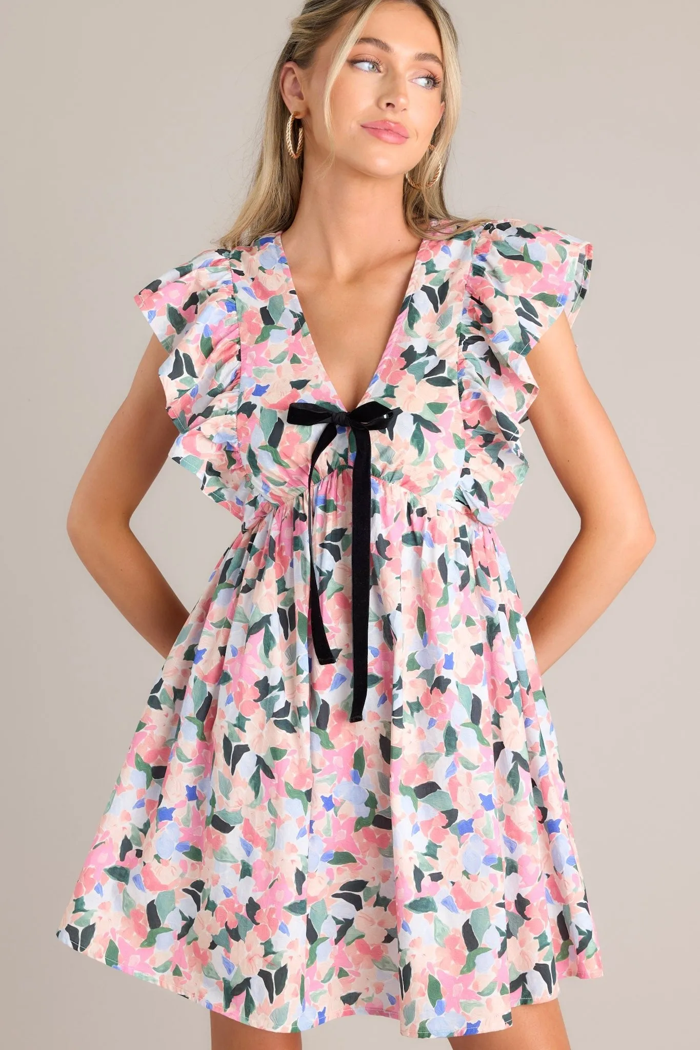 Meadow Dreams Pink Multi Floral Flutter Sleeve Mini Dress