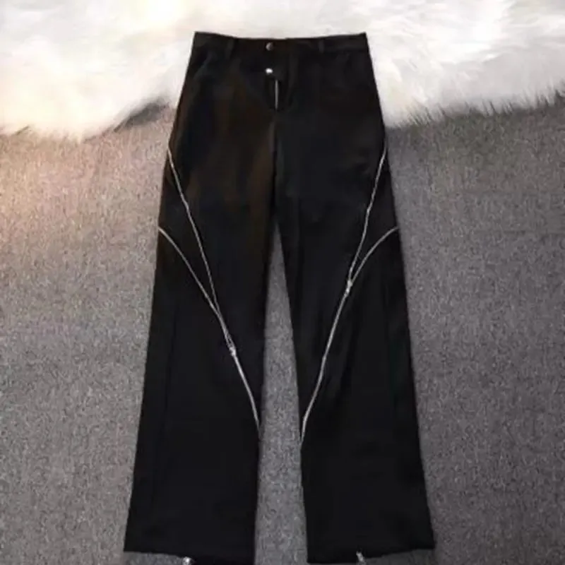 Men Y2k Jeans Black Zipper Design slit Slightly Flared Pants Vertical Feeling Straight Casual Pants  American Retro Trousers