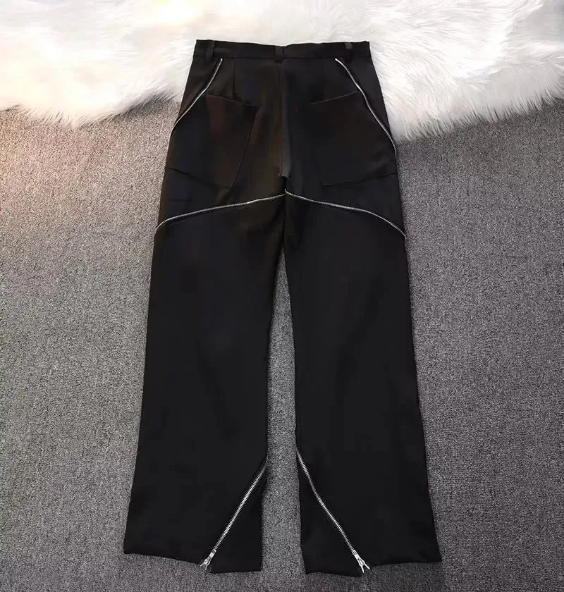 Men Y2k Jeans Black Zipper Design slit Slightly Flared Pants Vertical Feeling Straight Casual Pants  American Retro Trousers