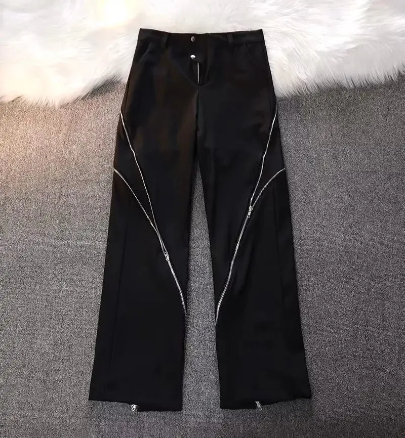 Men Y2k Jeans Black Zipper Design slit Slightly Flared Pants Vertical Feeling Straight Casual Pants  American Retro Trousers