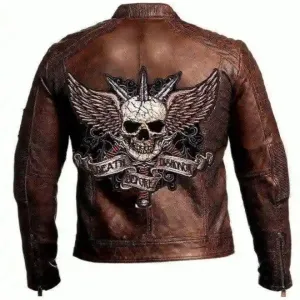 Mens Brown Vintage Biker Cafe Racer Death Skull Leather Jacket