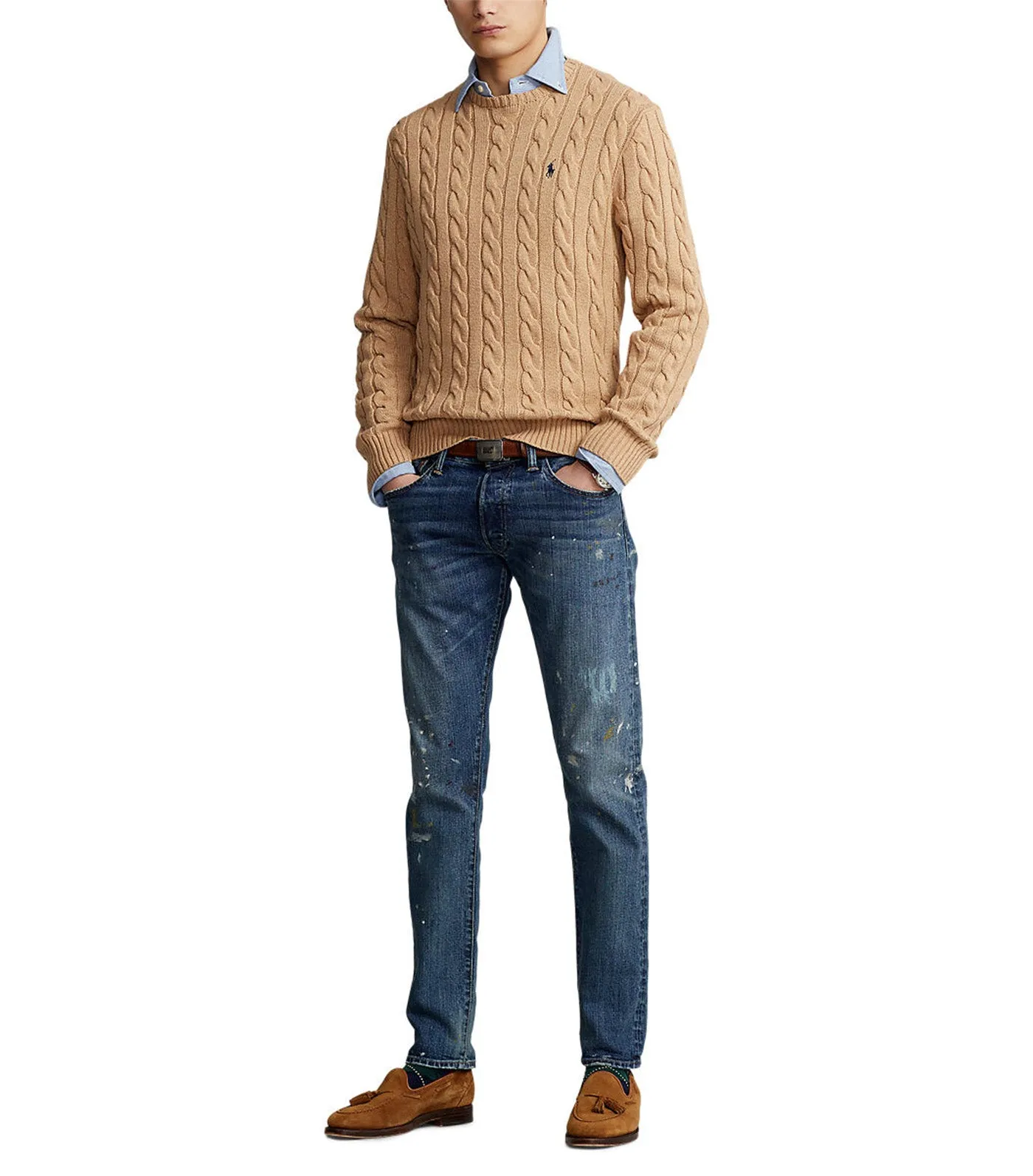 Men's Cable-Knit Cotton Sweater Camel Melange