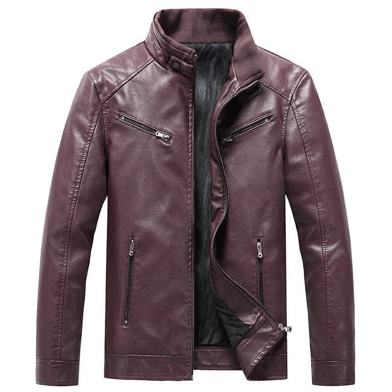 Men's Fleece Padded Coat Casual Stand Collar PU Leather Jacket Trendy Youth