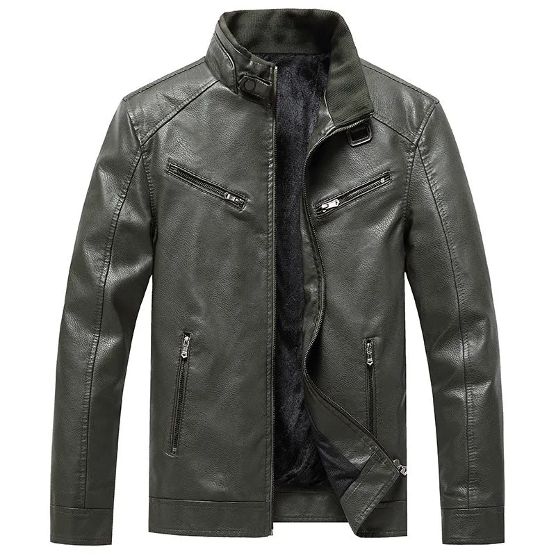 Men's Fleece Padded Coat Casual Stand Collar PU Leather Jacket Trendy Youth