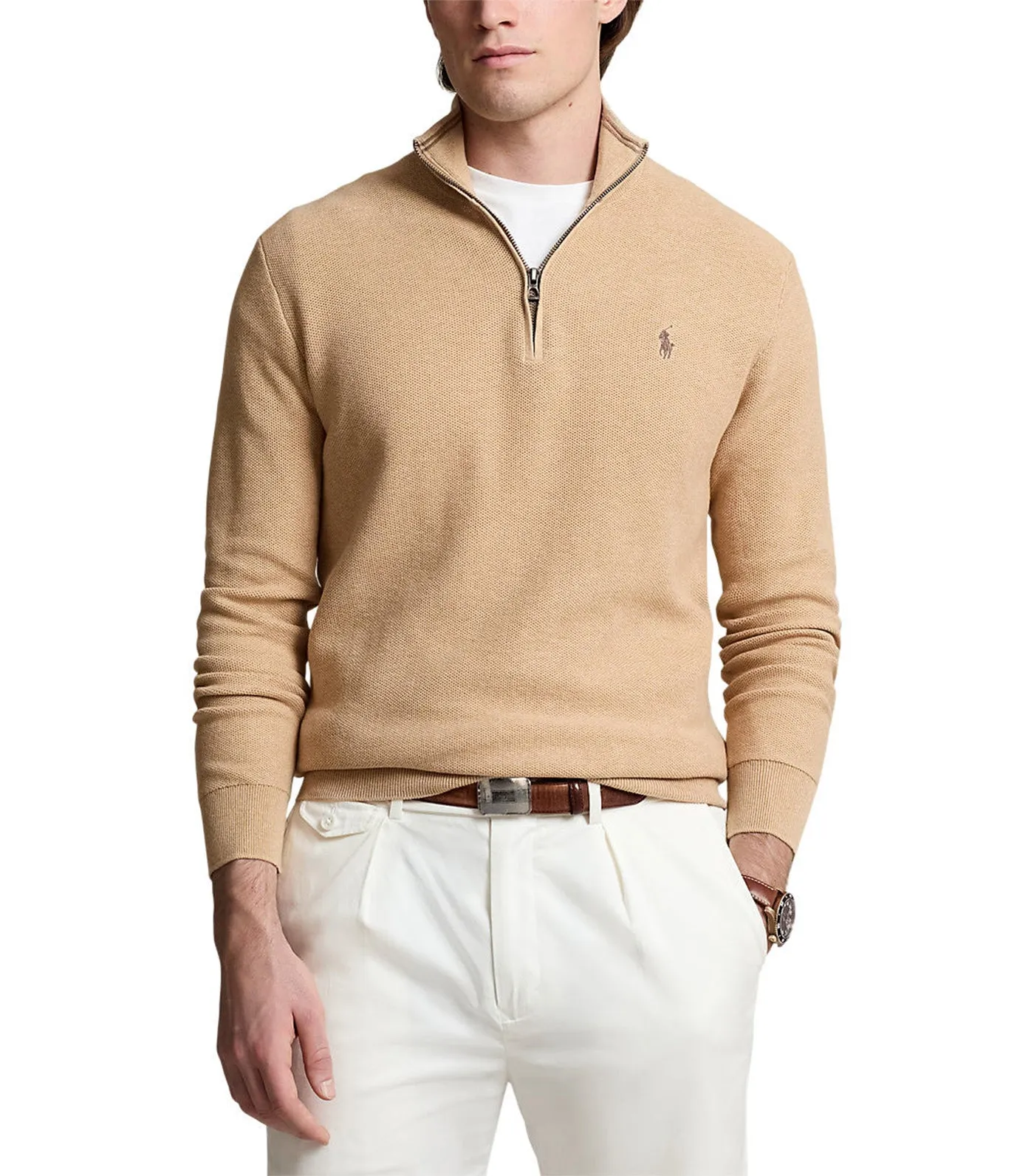 Men's Mesh-Knit Cotton Quarter-Zip Sweater Camel Melange