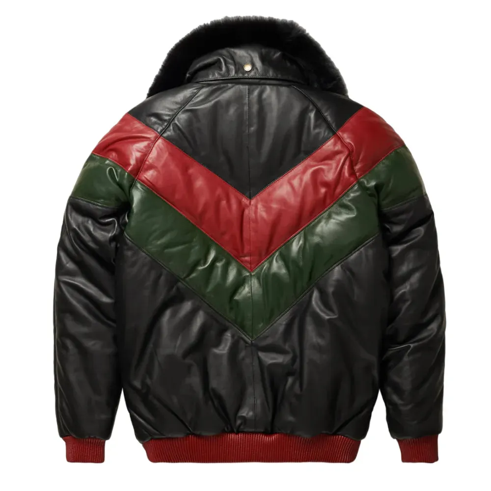 Mens Multicolor Lambskin Leather V Bomber Jacket