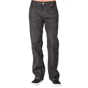 Men's Relaxed Bootcut Premium Coating Black Denim Jeans Zipper Trim Pocket Wrinkle Whisker