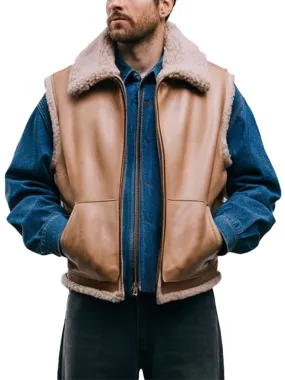 Men's Shearling Lined Leather Vest with Sherpa Collar